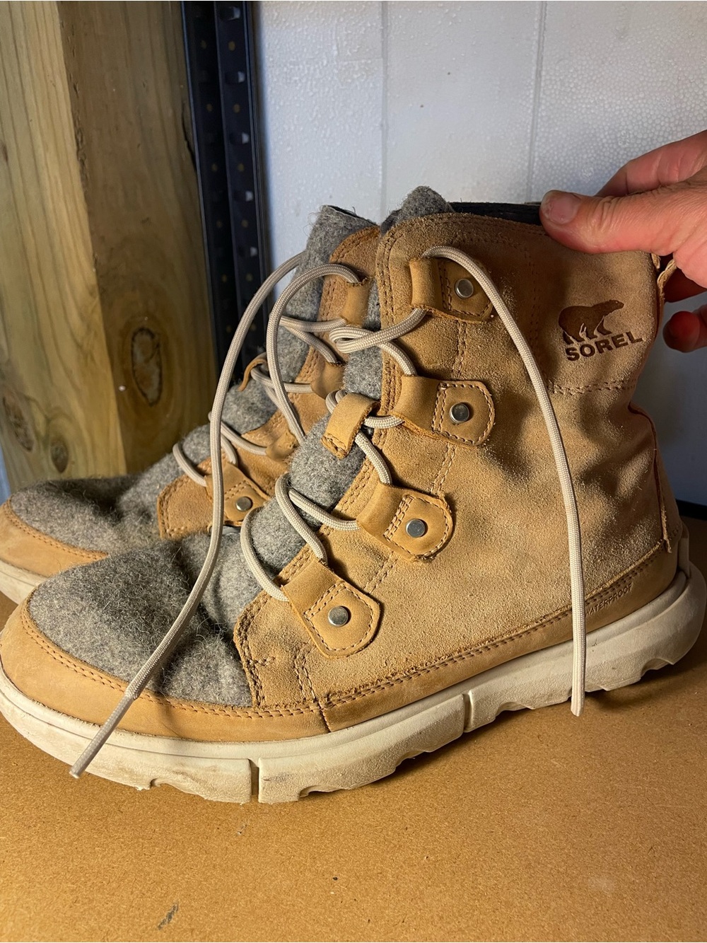 Sorel Tan Suede & Gray Wool Lace-Up Boots